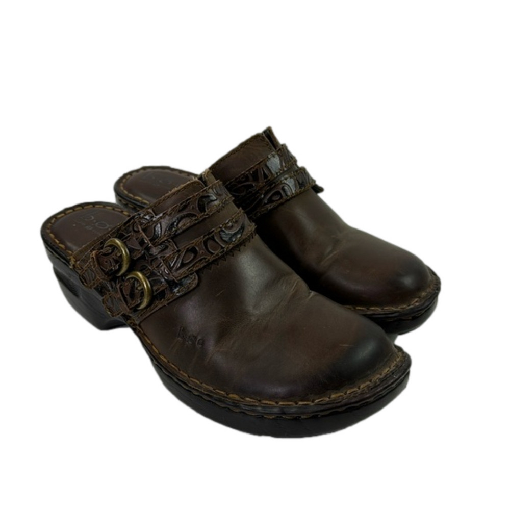 b.o.c. brown leather slip on clog mule shoes